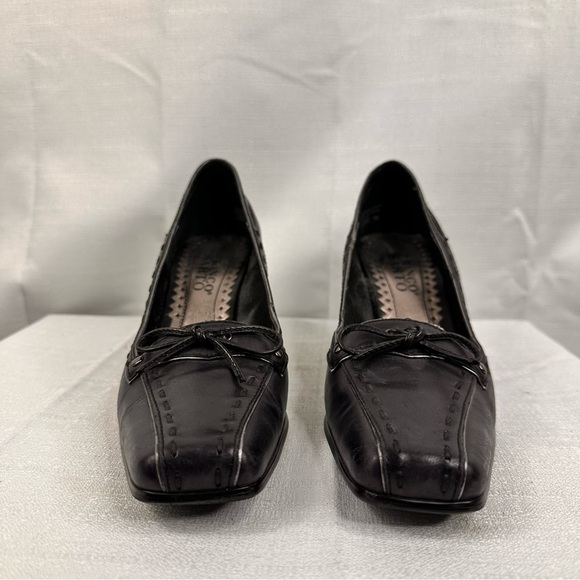 Franco Sarto black leather square toe kitten heel bow tie shoe lace work office - Picture 2 of 7
